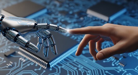 Robot hand and human hand touching over a circuit board in a futuristic technology concept scene
