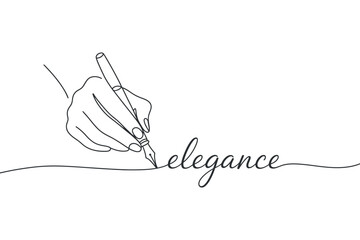 Continuous one line drawing of hand holding pen writing elegance for calligraphy design concept vector creative typography graphic element