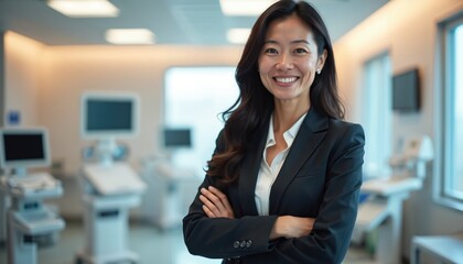 Confident asian woman hospital director stands with arms crossed. Smiling female healthcare executive in business suit poses in modern clinic. Successful medical administrator at workplace with