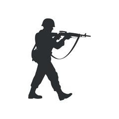 Fototapeta premium Silhouette of a Soldier Walking and Holding a Rifle Aiming in Military Uniform