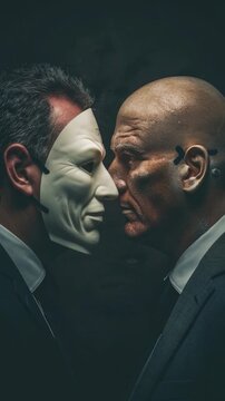 Two men wearing suits and masks, standing together