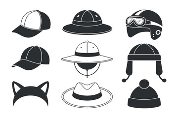 Silhouette Collection of Different Hats Vector Style Isolated on Transparent Background Clean Composition 180 Characters