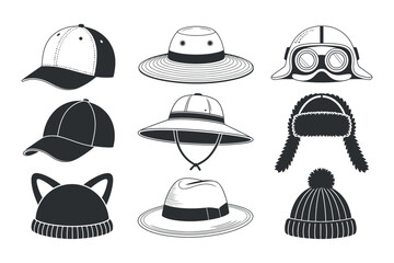 Collection of Different Hats With Outline Vector Style Isolated on White Background Clean Composition 180 Characters