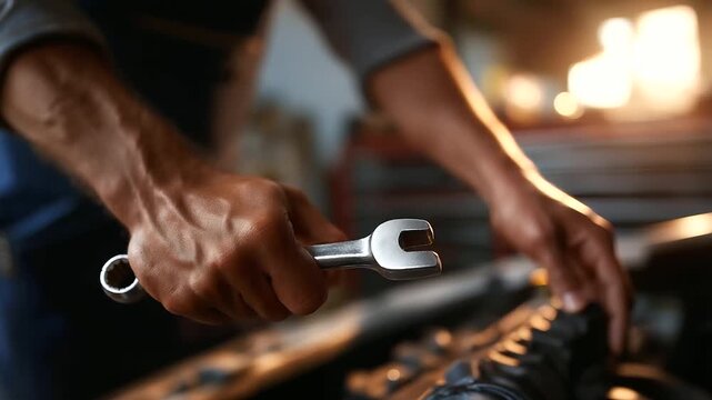 Auto mechanic's grease stained hands holding socket wrench working on exposed car engine various engine components visible in detail organized garage workspace with tool chests
