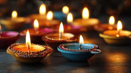 diwali diya lamps lit during diwali hindu festival of lights celebration diwali diya oil lamps holiday background creating a festive and decorative composition