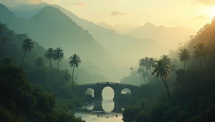 Misty mountain valley with stone arch bridge over river. Palm trees line lush green jungle hillside. Warm sunrise light glows through haze, creating serene tropical landscape.