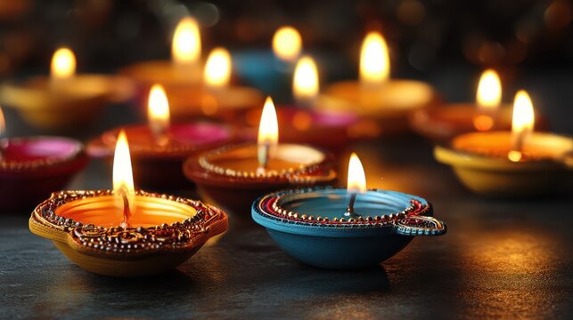 diwali diya lamps lit during diwali hindu festival of lights celebration diwali diya oil lamps holiday background creating a festive and decorative composition - Powered by Adobe