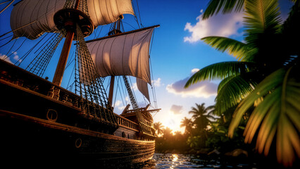 Wooden ship on island shore