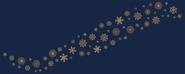 Curved arc made of gold snowflakes on dark background. Elegant winter ornament for seasonal greeting cards, invitations, packaging and festive design