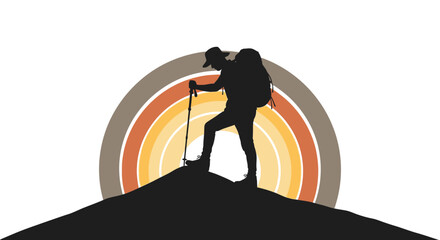 Silhouette Of Hiker With Sunburst Background, Reaching Mountain Peak Concept