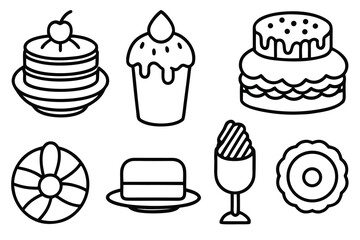 Set of bakery and dessert icons in a clean black outline vector style.