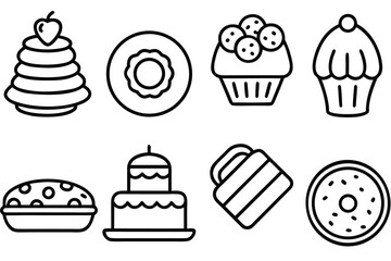 Set of bakery and dessert icons in a clean black outline vector style.
