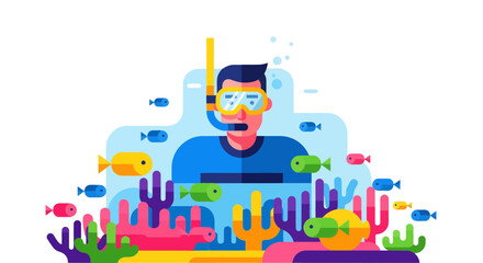 Snorkeler Exploring The Ocean Depths And Vibrant Coral Reefs In A Colorful Illustration