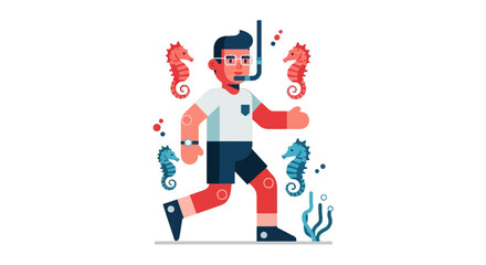 Snorkeler Chasing Seahorses With Underwater Gear Against A Dark Background