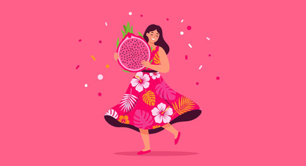 Smiling Tropical Woman Embracing a Dragon Fruit, Joyfully Celebrating in a Pink Hue