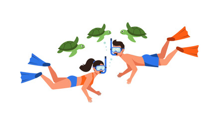 Snorkelers Encountering Sea Turtles Underwater: A Vibrant Vector Illustration for Adventure