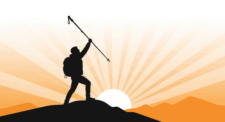 Silhouette Of Hiker Celebrating Success atop Hill in Sunrise Against the Background