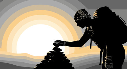 Silhouette Of Hiker Building Cairn At Sunset During a Mountain Trek and Hike Adventure