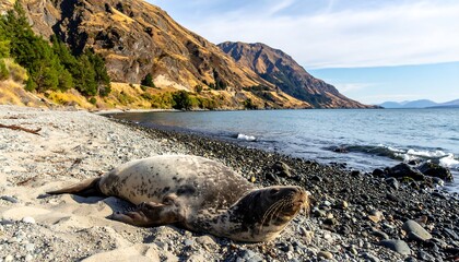 Seal lies on a stony beach before mountains meet a tranquil, turquoise sea, under a bright, clear, blue sky