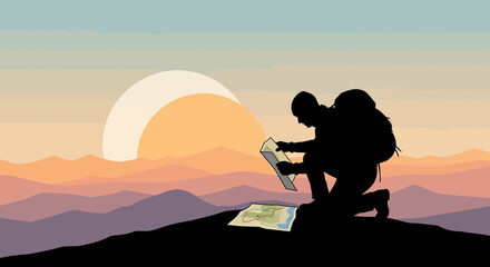 Silhouette Of Hiker Examining Map Against Mountain Landscape With Colorful Sunset