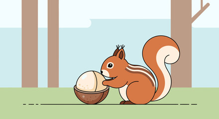 Squirrel Enjoying A Giant Nut And Enjoying The Nature Of The Forest