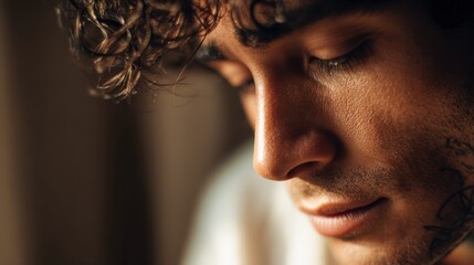 Focused young man with curly hair in thoughtful moment by natural light