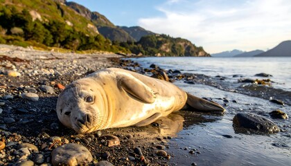 Seal pup relaxes on a rocky beach as sun shines, with mountains and calm water in the background
