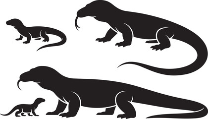 Reptile vector illustration set showing different sizes of komodo dragons monitor lizards silhouettes