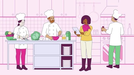 Professional kitchen teamwork, chefs cooking together, culinary staff collaboration, restaurant animation, teamwork illustration