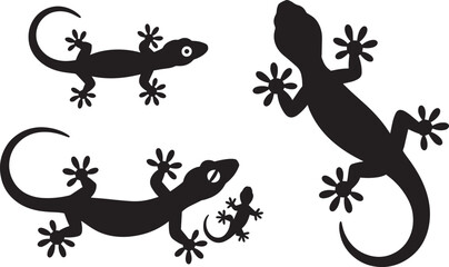 Set of black silhouette geckos and lizards in different sizes showing eyes and sticky feet for decal or icon design.