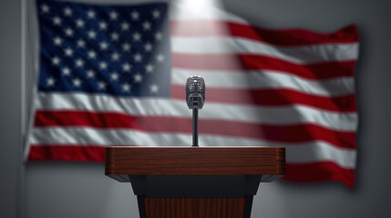 American politics speech podium microphone with united states flag background for political event