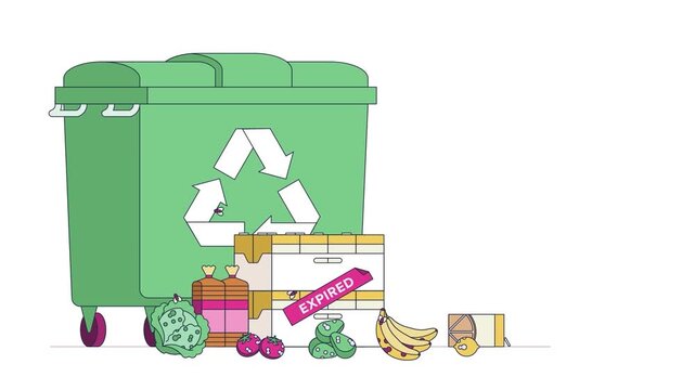 Food waste recycling bin animation, organic disposal, green compost, restaurant leftovers, eco-friendly waste management illustration