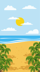 Tropical beach scene with palm trees ocean and sun for social media stories posts. Summer vacation paradise background template with blue sky and sand. Editable vector illustration.