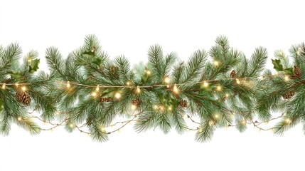 Obraz premium seamless decorative christmas border with coniferous branches and garlands on transparent background christmas lights and ornaments festival plant tree