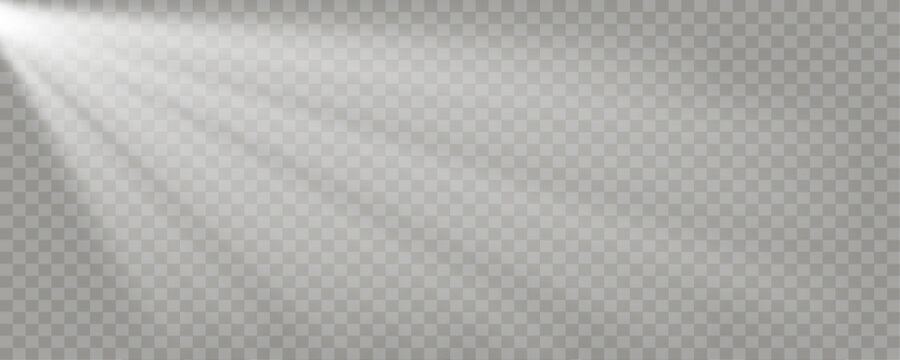 Light, sunlight rays from top left corner, realistic lighting,, glowing sunrays, concert spotlight isolated on transparent background. Editable vector illustration.