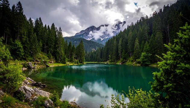 Serene teal lake surrounded by lush green trees under a cloudy sky with mountain backdrop
