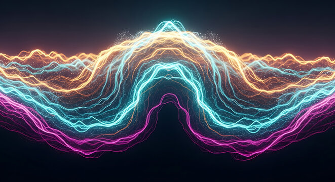 Abstract waveform pattern with glowing lines in shades of yellow cyan and magenta on a dark background ai generated