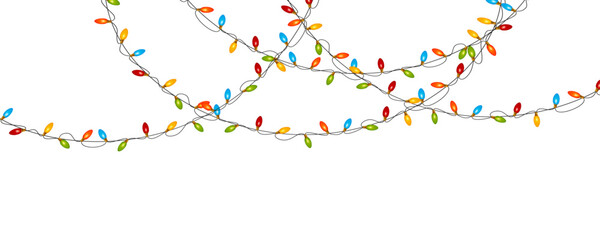 Colorful Christmas lights garland isolated on transparent background. Electric string for holiday festive decoration, design element. Editable vector illustration.
