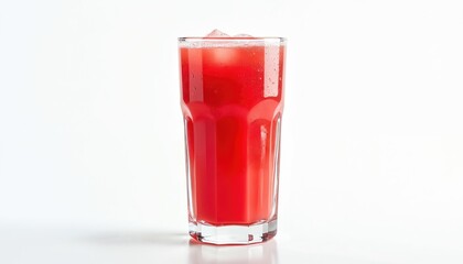 Tall glass filled with cold watermelon juice and ice cubes. This refreshing red beverage is perfect for summer hydration and healthy organic refreshment.