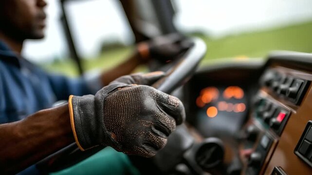 Dark skinned hands in protective work gloves firmly gripping garbage truck steering wheel fingers adjusting radio controls dashboard instruments glowing waste disposal vehicle