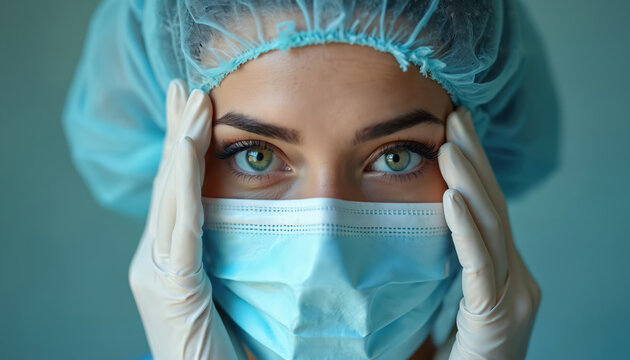 Close up photo of female doctor with green eyes wearing surgical mask gloves and medical cap. Medical pro looks at camera. Healthcare worker in clinic hospital.