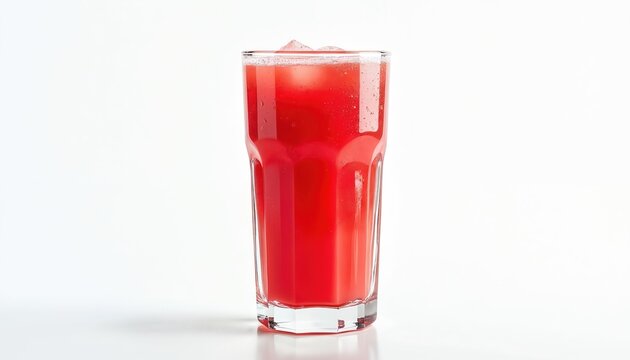 Tall glass filled with cold watermelon juice and ice cubes. This refreshing red beverage is perfect for summer hydration and healthy organic refreshment.