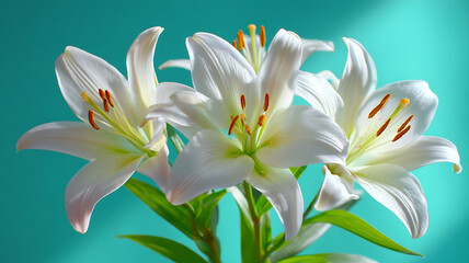 Fototapeta premium The white lily symbolizes the purity and immaculacy of the Virgin Mary. White lilies on a blue background.