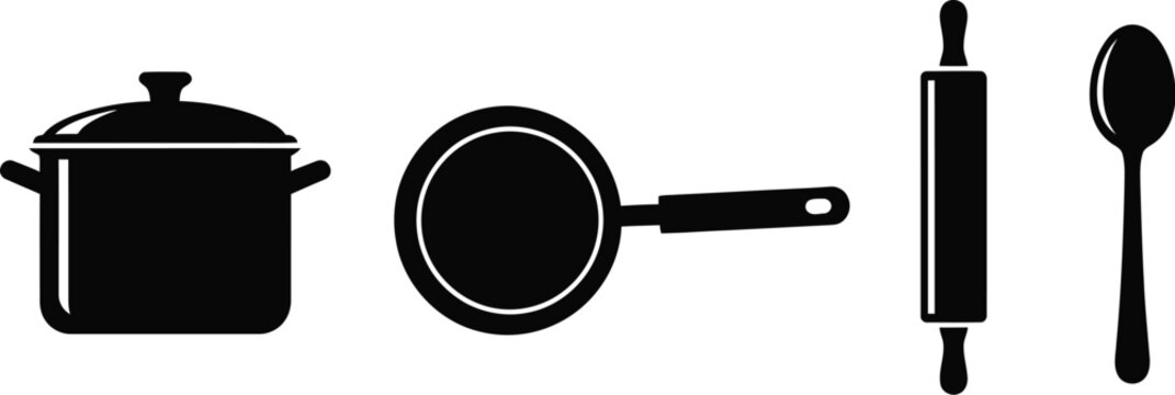 Kitchen silhouettes with pot, pan, rolling pin, and spoon for cooking