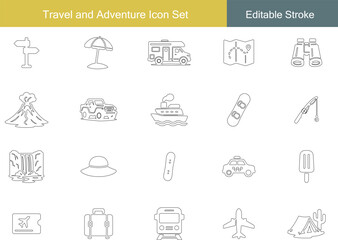 Travel and Adventure Icon Set | Airplane, Luggage, Ship, Map, Car, Tent, Compass, Hat, Bus, Camera, Mountain, Ticket Line Icons