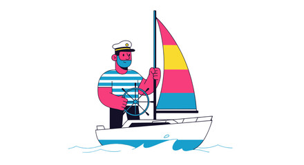 Sailor Navigating Colorful Sailboat Across Ocean Waters Under Clear Dark Sky Illustration