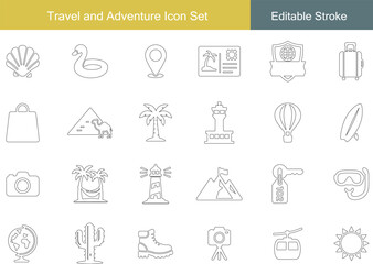Travel and Adventure Icon Set | Camera, Palm Tree, Lighthouse, Hot Air Balloon, Map, Luggage, Compass, Mountain, Surfboard, Cactus Line Icons