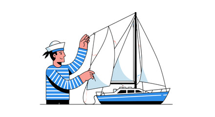 Sailor Navigating His Sailboat, Preparing for Adventure on Open Sea with Black Background