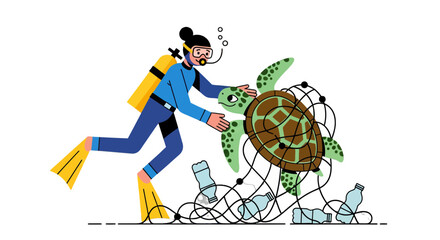 Saving The Ocean: Scuba diver rescuing a turtle from pollution in the underwater world
