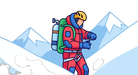 Scaling Mountain Peaks: An Adventurer's Ascent Amidst Snowy Terrain Illustration